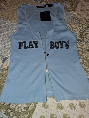 PLAYBOY BUNNY BLUE DOUBLE ZIP RIBBED COTTON TANK TOP